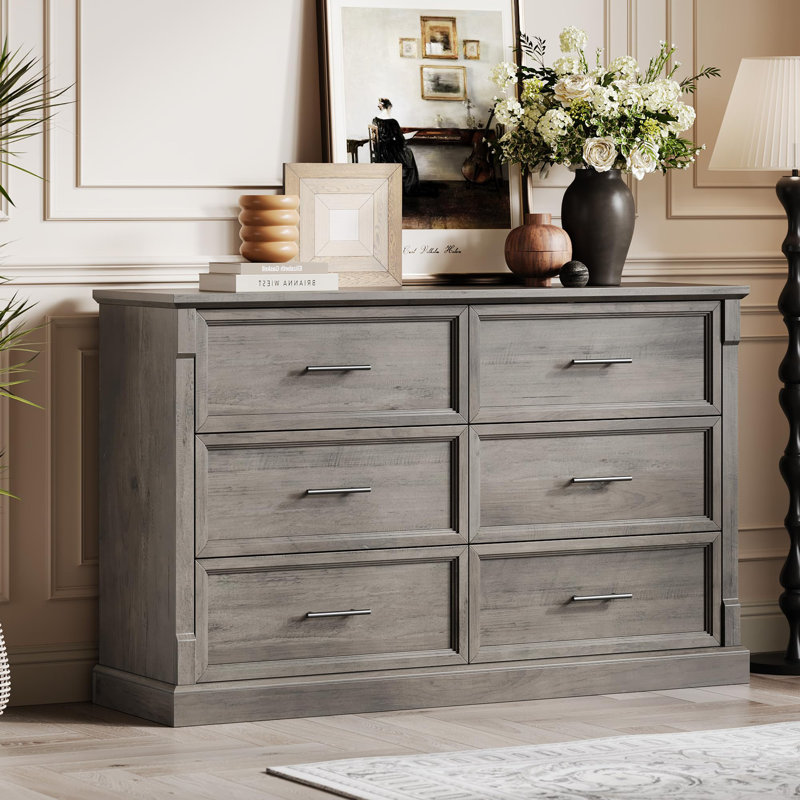 Commode 6 tiroirs Farmhouse pour chambre à coucher, commode rustique avec poignées en métal, grand meuble télé avec commode double