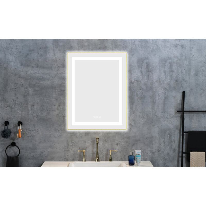 Miroir de salle de bain mural 24 po x 28 po avec façade et rétroéclairage à DEL, cadre en aluminium, 3 températures de couleur - brouillard, cadre à mémoire de forme brouillard, pour salle de bain
