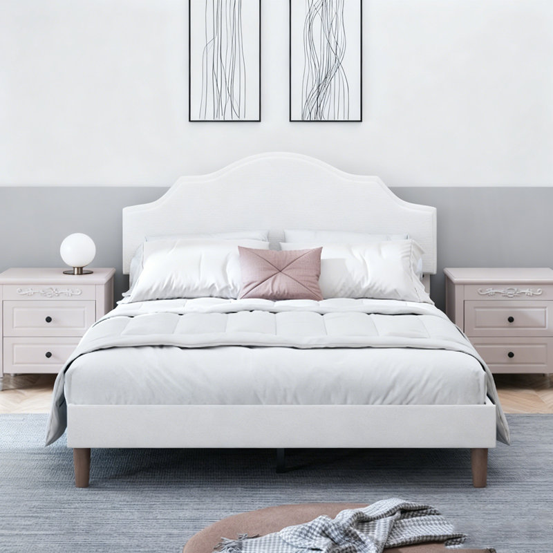 Lit plateforme tapissier avec tête de lit réglable, rembourrage en tissu de lin, Blanc, Grand lit