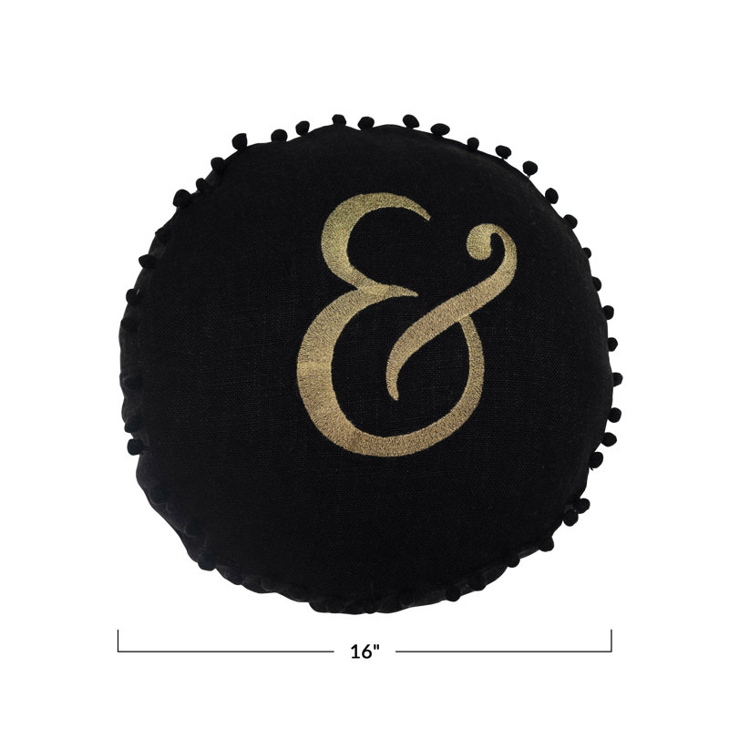 Embroidered Pillow With Pom Pom Trim "&" Design In Gold Script