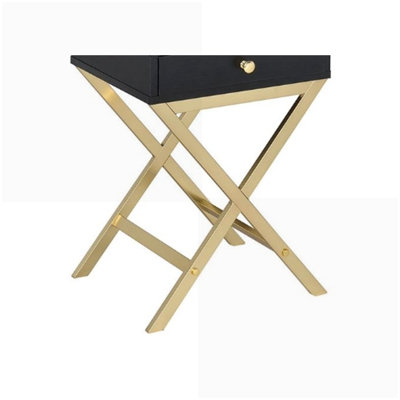 Table basse noire et laiton avec 1 tiroir, base en tréteaux en X pour le salon, peu encombrante et facile à assembler