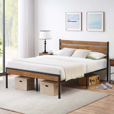 Heavy-Duty Platform Bed Frame with Wood Headboard - Metal Slat Support, Underbed Storage, No Box Spring Needed, Easy Assembly -  190x130x100 cm