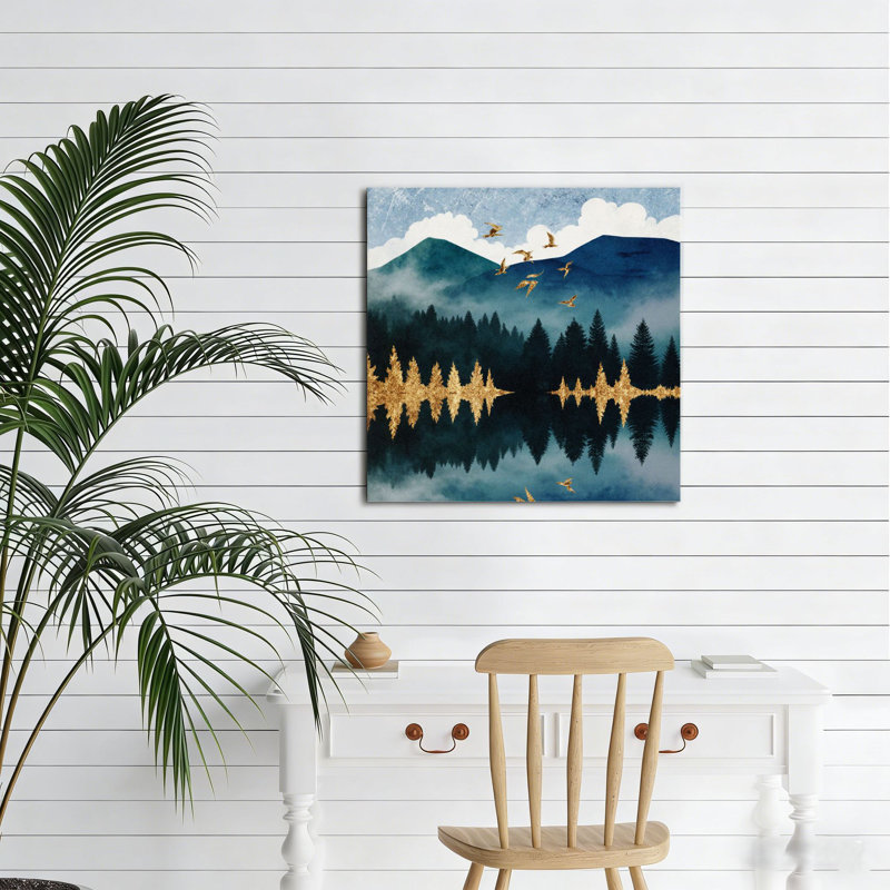 «Mountain Lake Golden Pines», art mural encastré en bois, 16 L x 16 l
