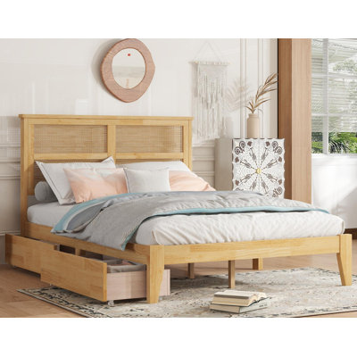Two Storage Drawers Rubber Wood Bed,Full Size Bed with Rattan Headboard