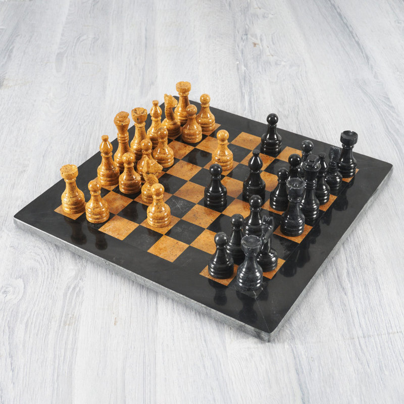 Jeu d'échecs en pierre fait à la main de 15 po L Radical, Noir / doré