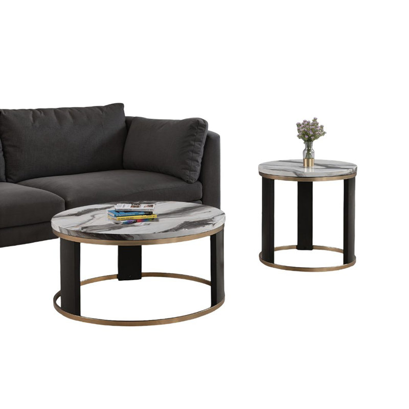 Ensemble de tables triangulaires de style contemporain 3 pièces, 1 table basse et 2 tables de bout en marbre