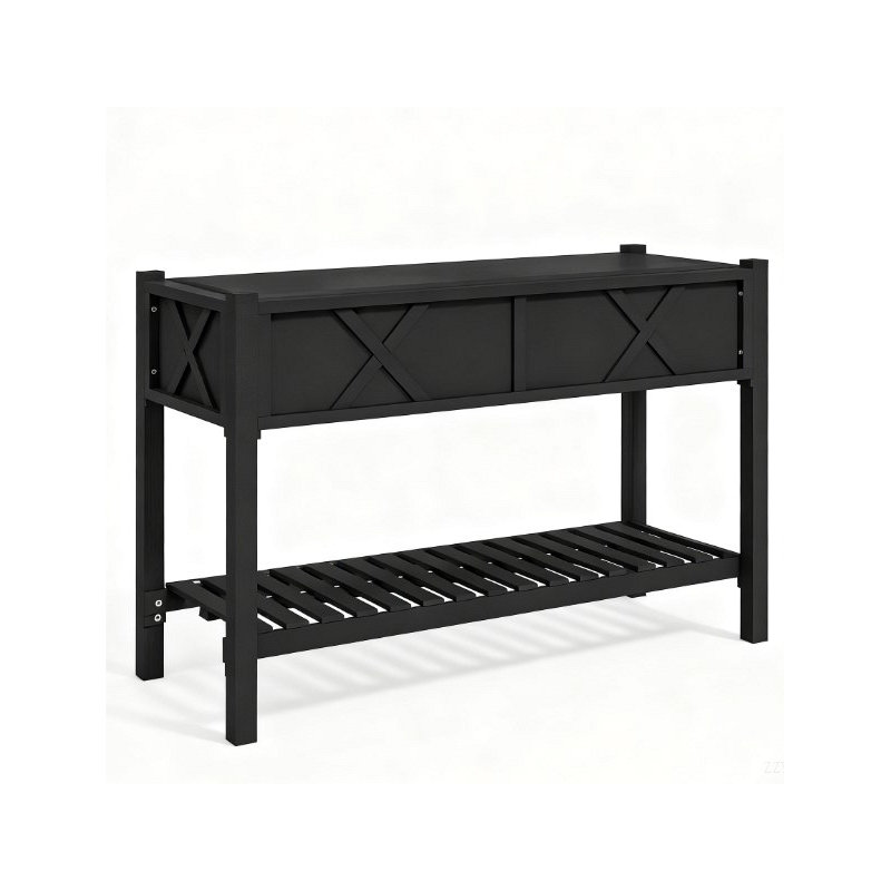 Dual-Tier Elevated Wood Planter Box,Raised Garden Bed,With Storage Shelf,Drainage Holes,And Liner, Black