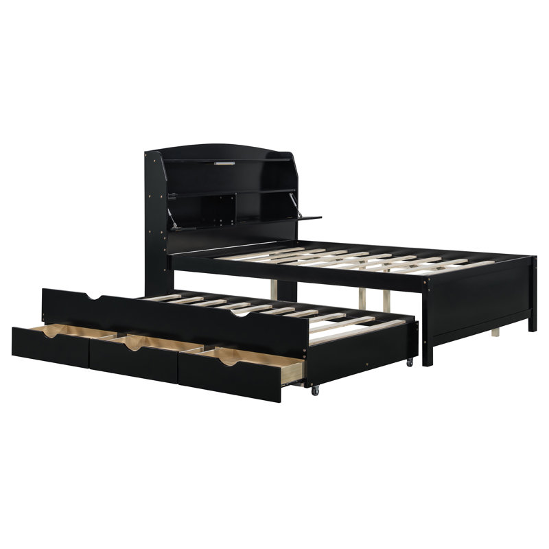 Lit plateforme double en bois avec lit gigogne, tête de lit et tiroirs, espresso, Lit double, Espresso