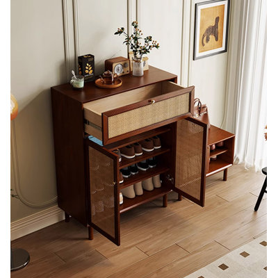 French-Style Wicker-Weave Solid Oak Shoe Cabinet