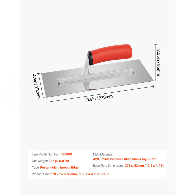Truelle de finition plate en acier inoxydable 10,9 x 4,4 po Tile Tools