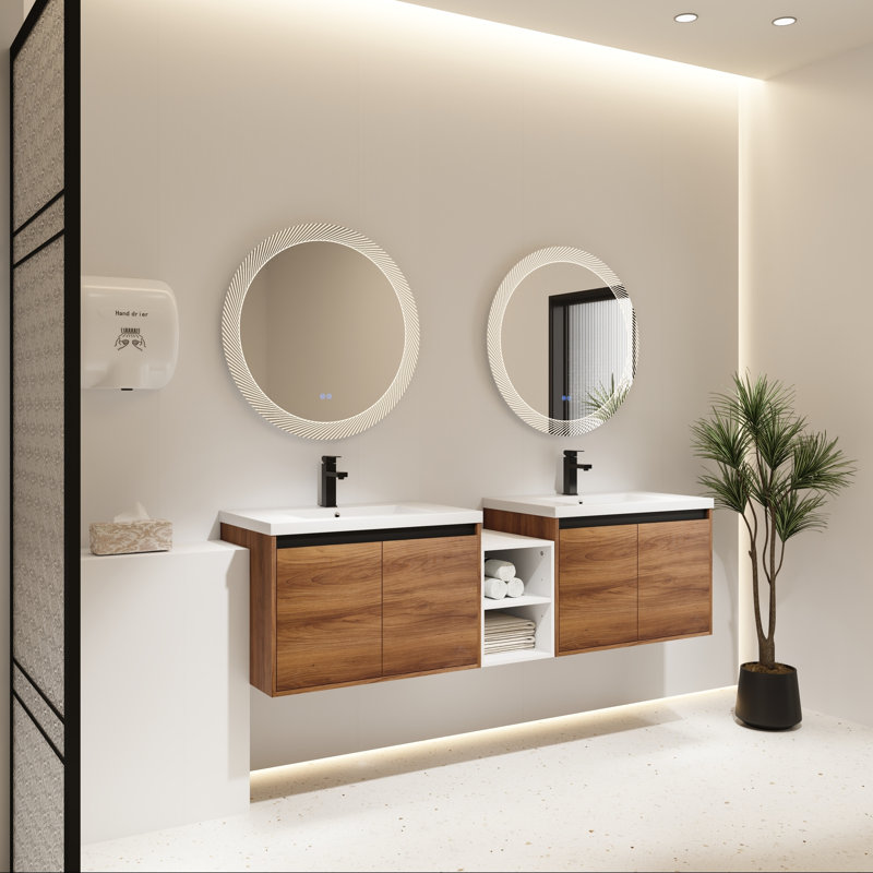 Meuble-lavabo mural avec lavabo en résine, tablette de rangement et quatre portes, 72"