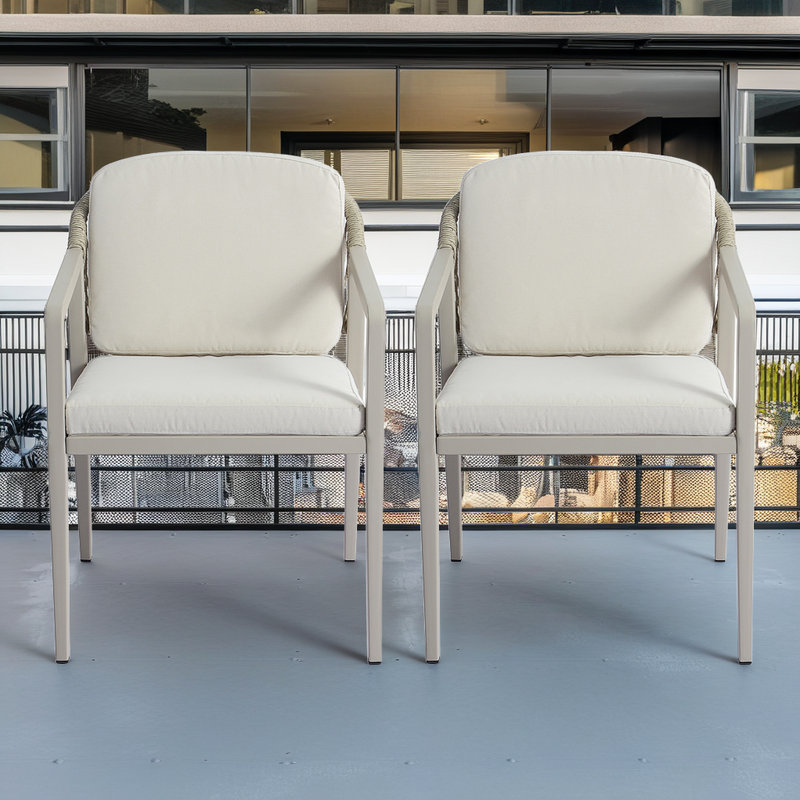 Ensemble de 2 chaises de salle à manger d'extérieur, chaises de patio en osier PE avec structure en fer, Beige
