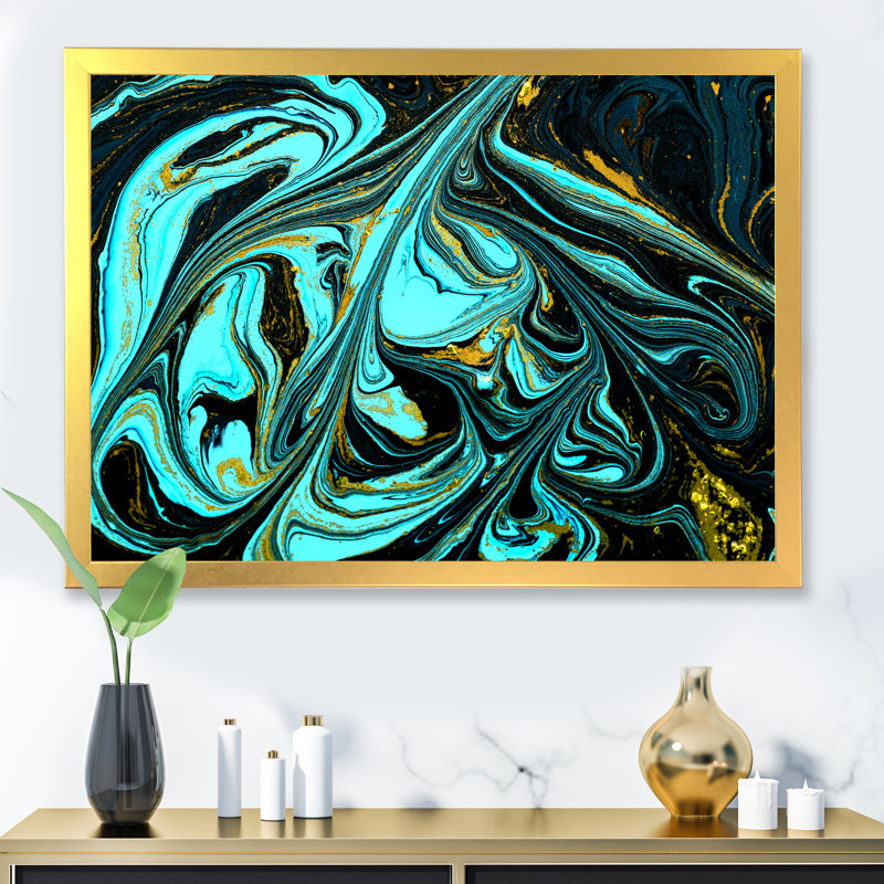 Art abstrait marbré turquoise abstrait - décoration murale moderne en toile, H 34 po x l 44 po x P 1,5 po, Cadre photo doré