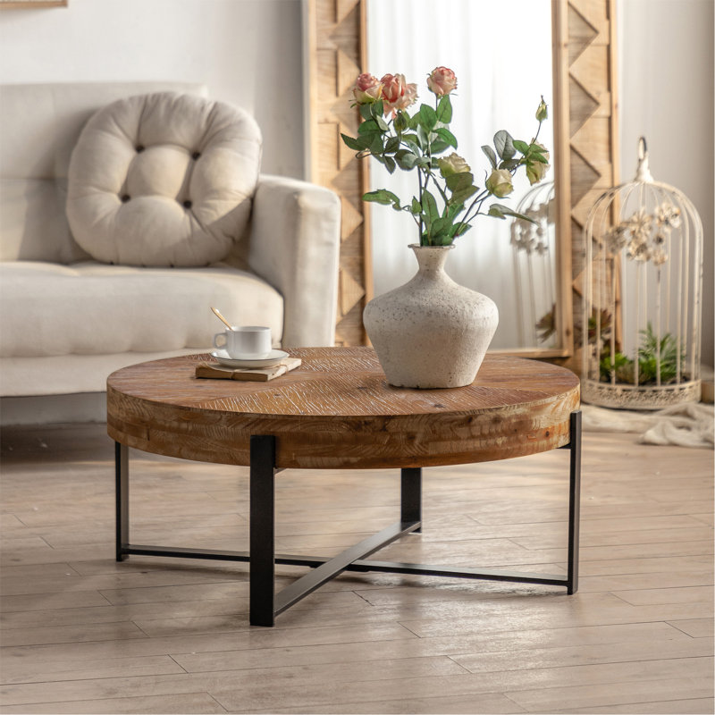 31.29" Round Fir Wood Coffee Table with Black Metal Cross Legs