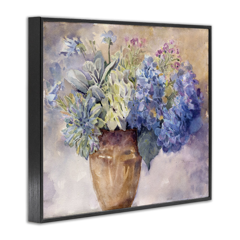 Peinture d'hortensia mauve par Evelia Designs, H 11 po x l 14 po x P 1,5 po, Giclée encadrée noir minuit