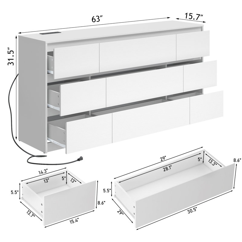 9 - Drawer 63.1" Dresser With 2 Sockets, 2 USB Ports And 1 Fast-Charging Type-C Port, White