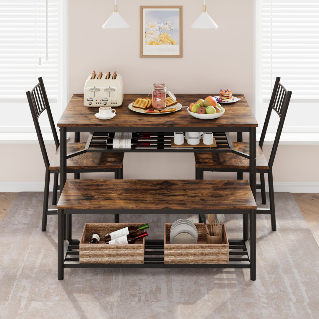 Space-Saving 4-Piece Dining Table Set – Rectangular Table with Storage Bench & Wine Rack – Ideal for Small Apartments & Studios – Modern Dining Furnit