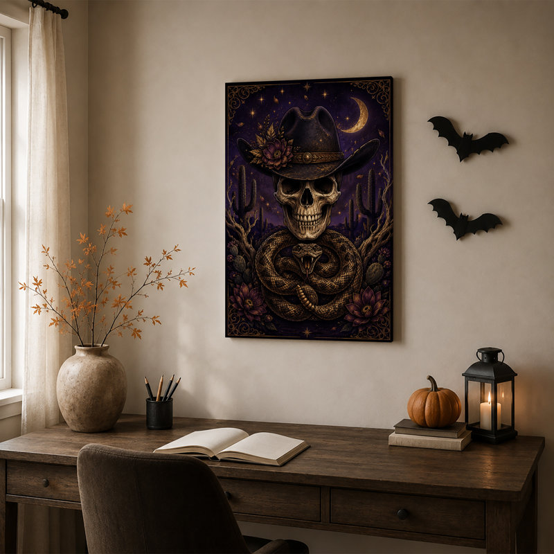 Impression sur toile mauve, crâne de cowboy, 24"H x 16"W