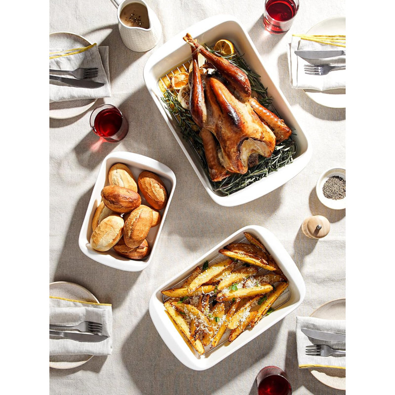 Deep Casserole Dishes For Oven, 13.7”X9.6” Ceramic Baking Dish Set With Roasting Racks, Large Lasagna Pans With Handles, Rectangular Bakeware As Gift, White (4.6QT/3.0QT/1.6QT), Set Of 3