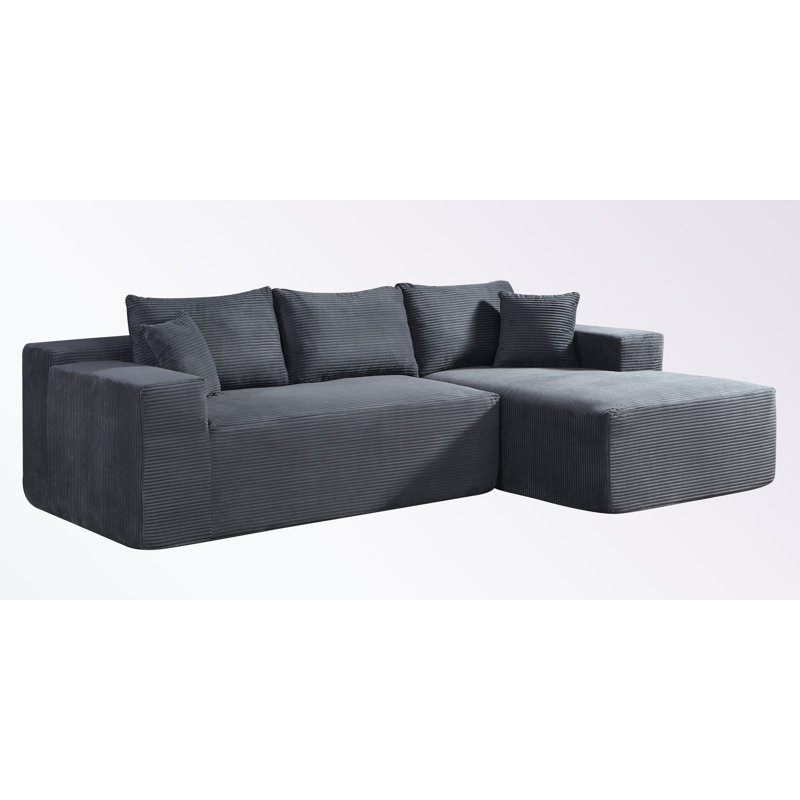 2-Piece Corduroy L-Shaped Sofa with Pillows and right chaise, Right Hand Facing, Dark Gray Corduroy