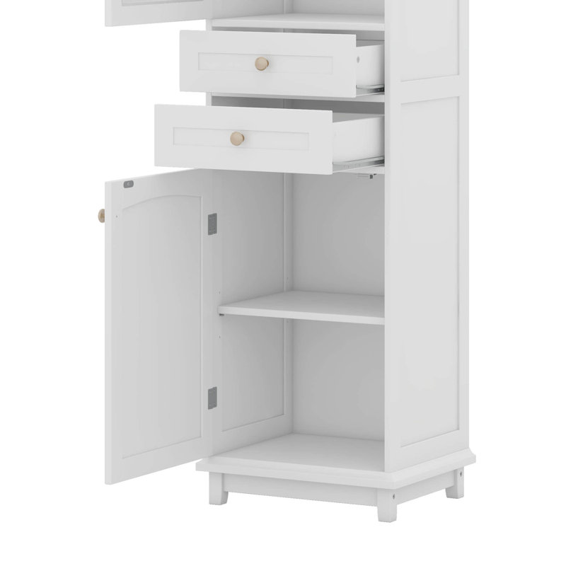 Armoire de rangement pour salle de bain avec portes en verre, deux tiroirs et tablettes réglables, Blanc