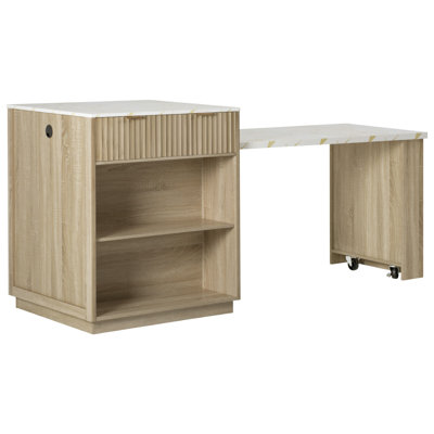 K&K 82.6" Fluted Kitchen Island With Extendable Dining Table For 4-6, Island Table For Kitchen With Power Outlet, Kitchen Table With Double-Side Storage, 2 Drawers 2 Side Open Shelves