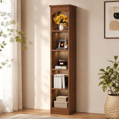 5-Cube Slim Tall Freestanding Bookcase, Waterproof Particle Board Narrow Storage Display Cabinet with Arched Top, Built-In Light and Anti-Tip Hardware