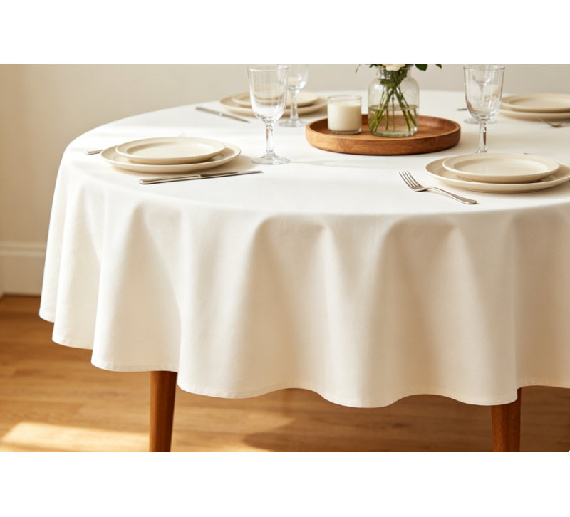 Solid Cotton Blend Plain Weave Round Tablecloth, Cream