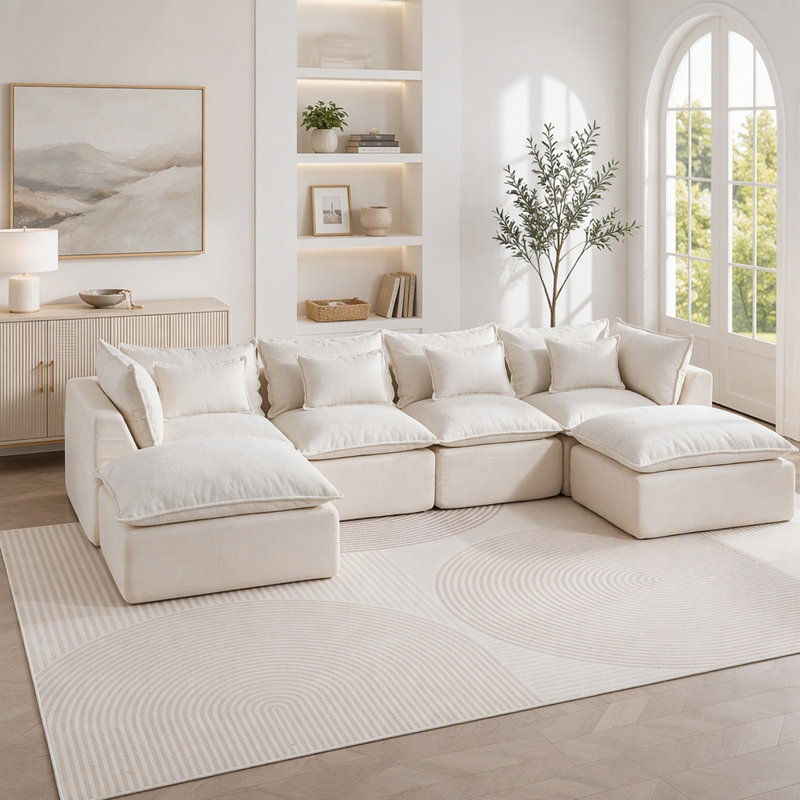 129.8" Width Cloud Couch Oversized Modular Sectional Sofa True Relax Comfy Couches Wide&Deep Seat Sofas for Living Room Furniture Sets,Waffle Fabric , 4Seat with 2Ottoman