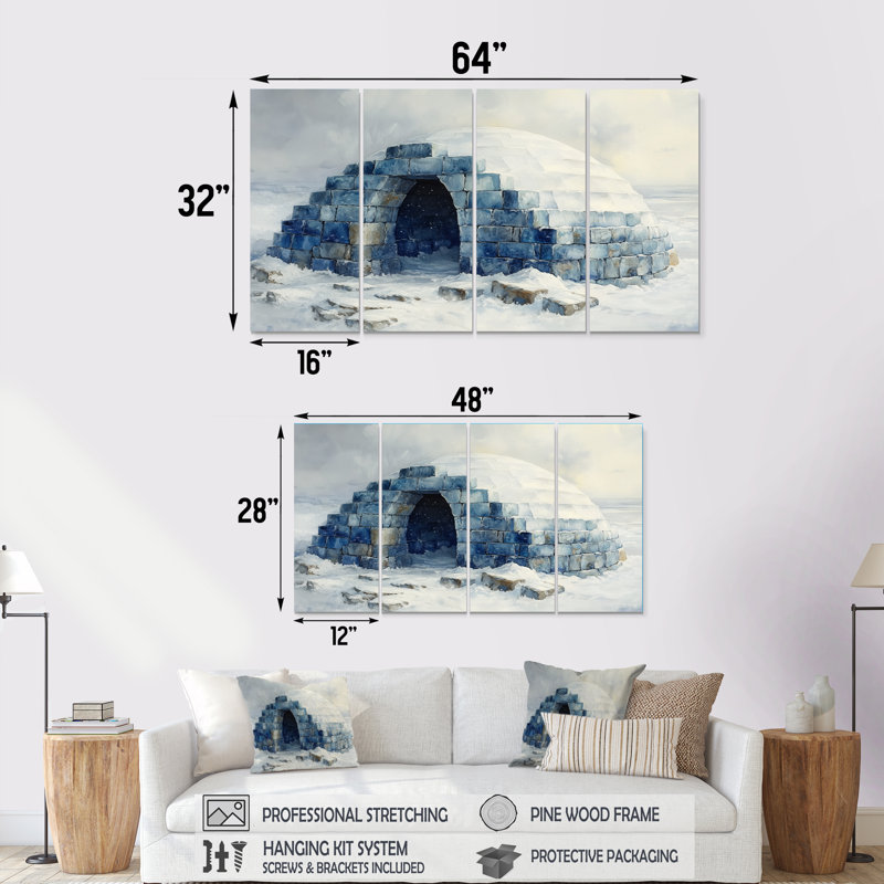 Igloo in Blue and White Tones III - Winter Landscape, ensemble d'art sur toile, H 32 po x l 64 po