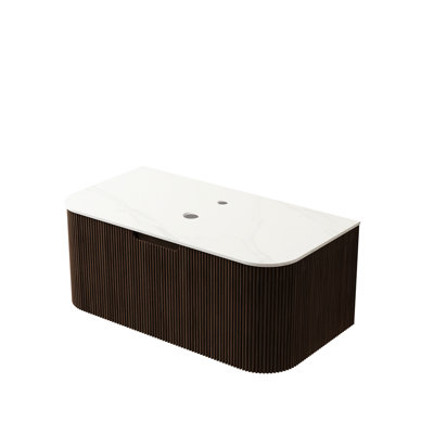 Armoire murale 36 po avec comptoir et tiroir en marbre artificiel blanc, couleur noyer foncé, système silencieux d'amortissement à fermeture en douceur, excellente résistance à l'eau, panneaux de tiroir rayés de style français 3D,