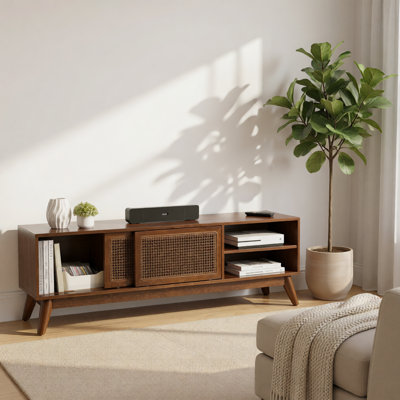 Mid-Century Rattan Media Console with Sliding Doors, 59-Inch Walnut TV Stand