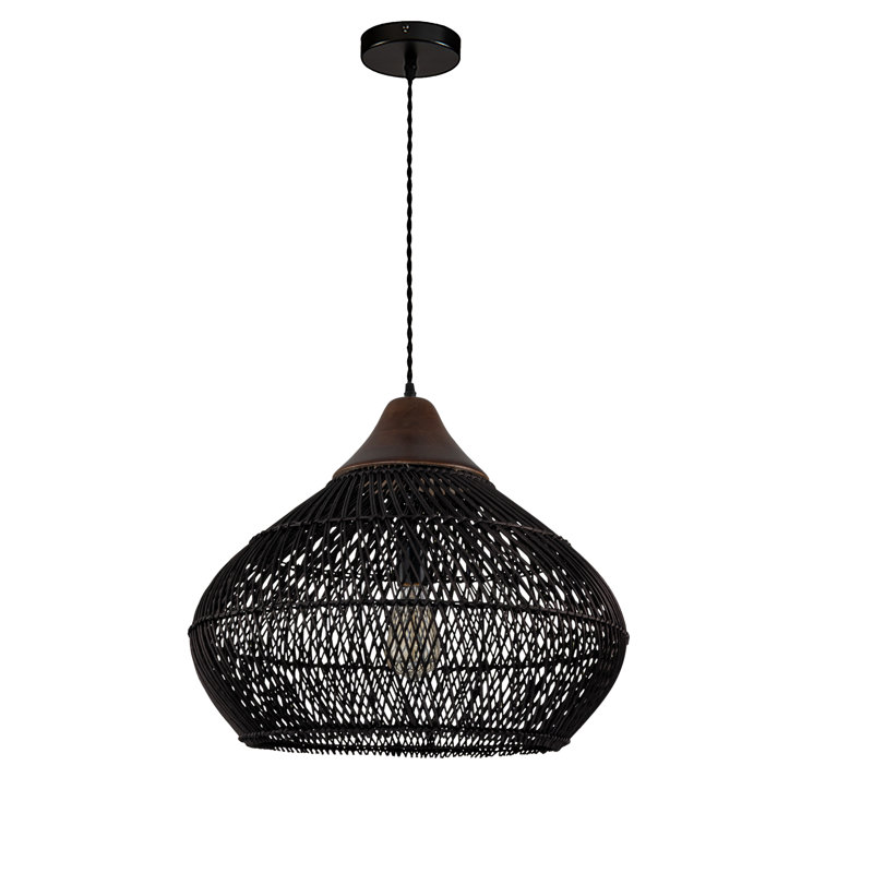 Luminaire suspendu en bois rustique Derri, Noir mat, Noir