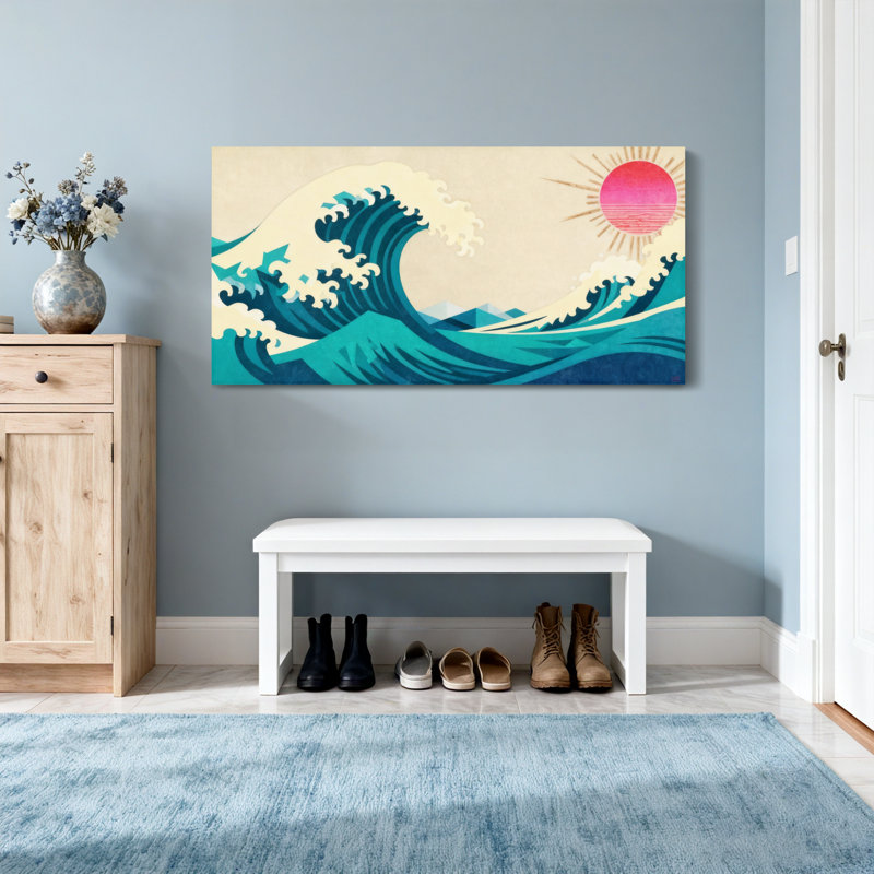 «Nautical & Beach Wave Sun Mountains Ocean Sky», reproduction d'art sur toile, H 16 po x l 32 po