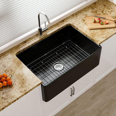 Évier de ferme à tablier frontal en argile réfractaire 30 po x l 20 po pour cuisine et buanderie, évier de ferme noir à simple cuve, 2 accessoires personnalisés inclus