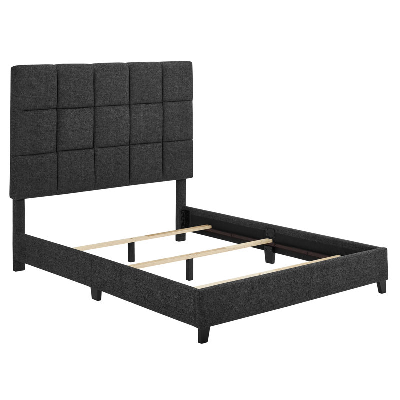 Lit plateforme tapissier transitionnel gris, grand lit avec rembourrage en mousse