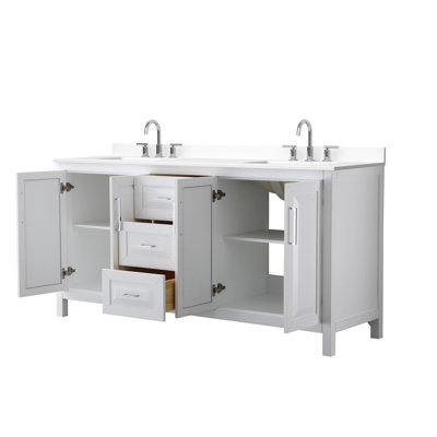 Meuble-lavabo double 72 po Daria en blanc, comptoir en marbre de culture de Carrare, lavabos carrés encastrés (3 trous), garniture en chrome poli