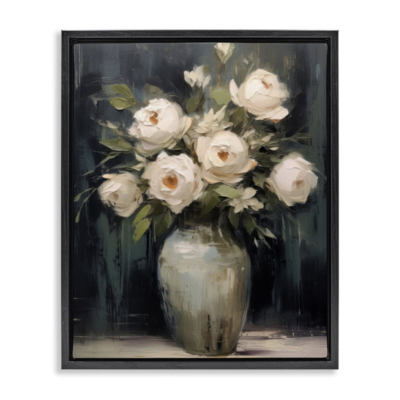 Cadre flottant Roses dans un vase foncé, design par LSR Creative Studio, Cadre flottant noir de jais, H 21 po x l 17 po