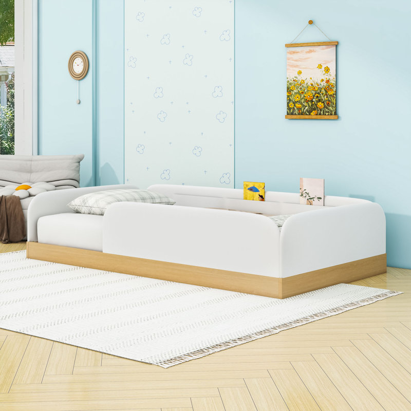 Twin Size Upholstered Platform Bed with Storage Bags and Sturdy Wood Frame