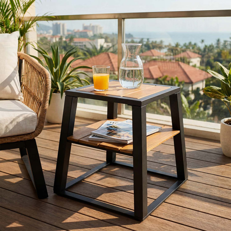 Table d'appoint à 2 niveaux en bois d'acacia résistant aux intempéries avec structure en fer noir, idéale pour une utilisation intérieure et extérieure, capacité de 30 lb