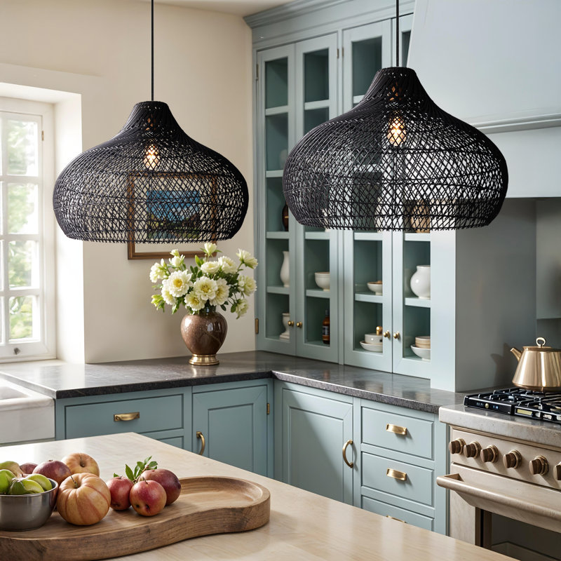 Latigo Rattan Pendant Light - Black Dome 1-Light Polished Handwoven Adjustable Light Fixture For Kitchen Island, Kitchen, Dining Room, Living Room, Bedroom, Hallway or Covered Patio in Modern, Farmhouse & Boho Style