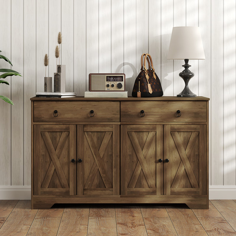 Sideboard Buffet Cabinet with Storage, 48" Kitchen Storage Cabinet with 2 Drawers and 4 Barn Doors, Farmhouse Coffee Bar Cabinet with Adjustable Shelves,wood