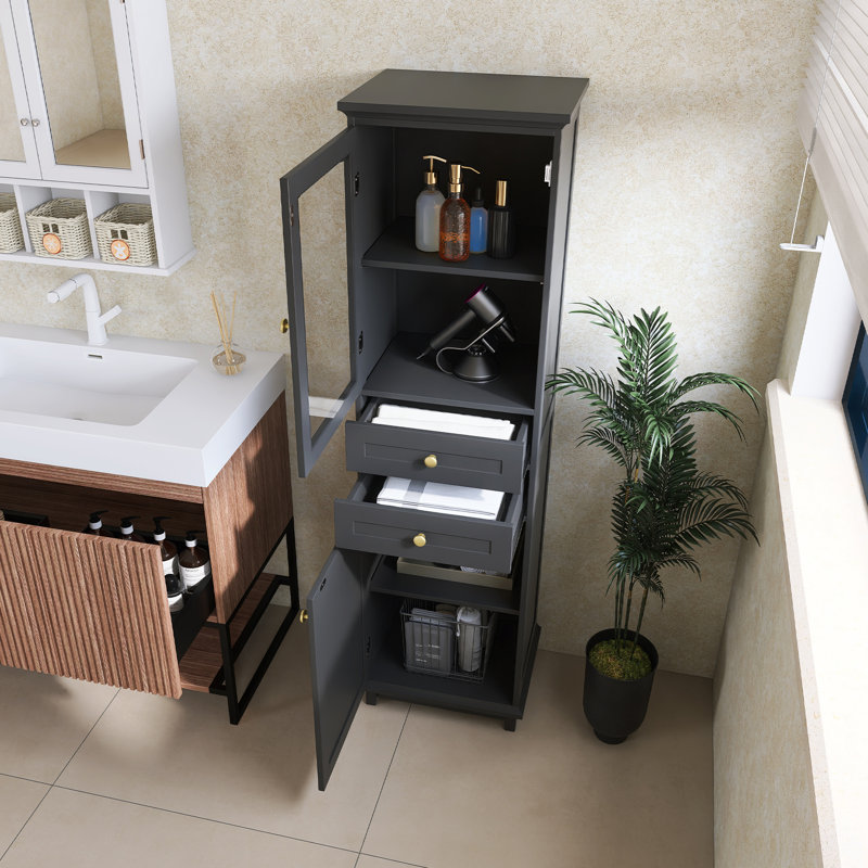 63" Tall Bathroom Storage Cabinet With Glass Doors, Free-Standing, Two Drawers, And Adjustable Shelves, MDF Board