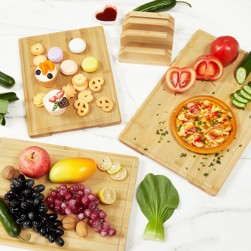 Select Wooden Cutting Board Set with Holder –Service Board  3-Piece Wooden Chopping Boards for Kitchen, Deep Juice Grooves,, Ideal for Meat, Vegetables, Fruit & Cold cuts platter Cheese board