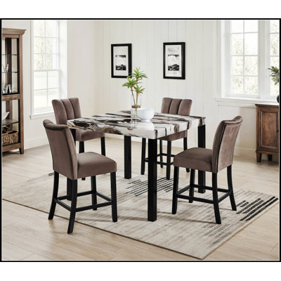 Ensemble de salle à manger 5 pièces à hauteur de comptoir en faux marbre avec table carrée et chaises incurvées rembourrées pour une salle à manger élégante