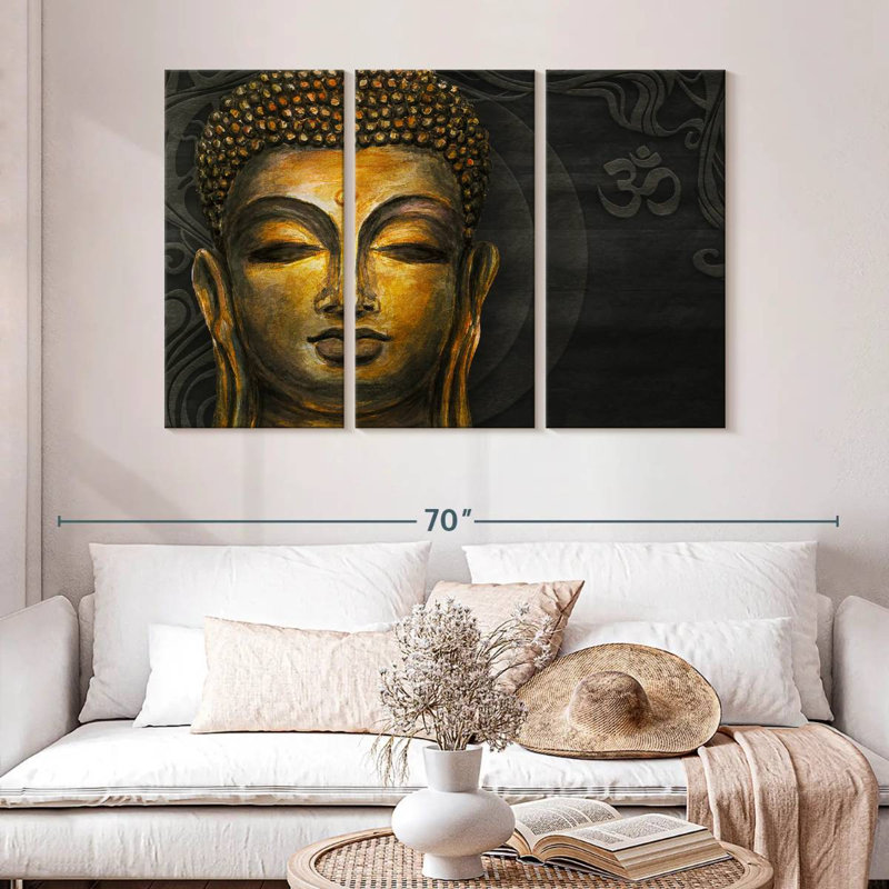 Ensemble de 3 pièces d'art sur toile, "Gautama Buddha Om", H 50 po x l 32 po x P 1,25 po