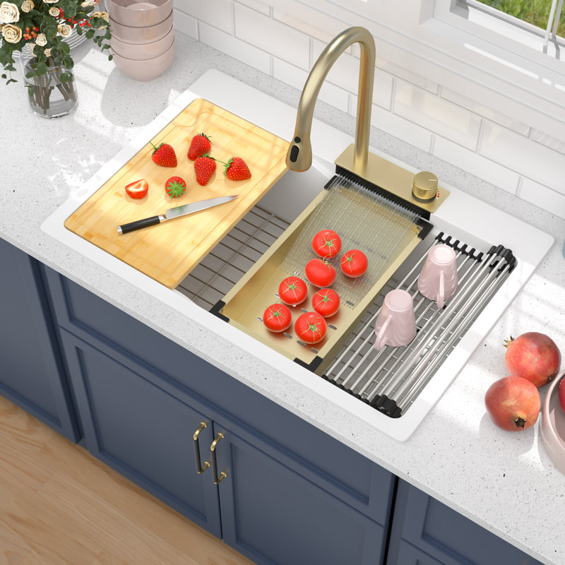 Évier de cuisine encastré en granite 33 po L 33 po x l 22 po avec cascade blanche