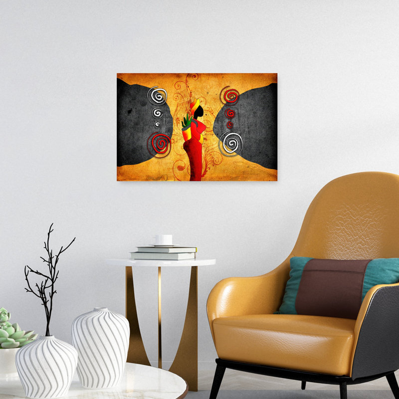 Femme africaine et spirales abstraites, art mural traditionnel rustique, 16" H x 24" W