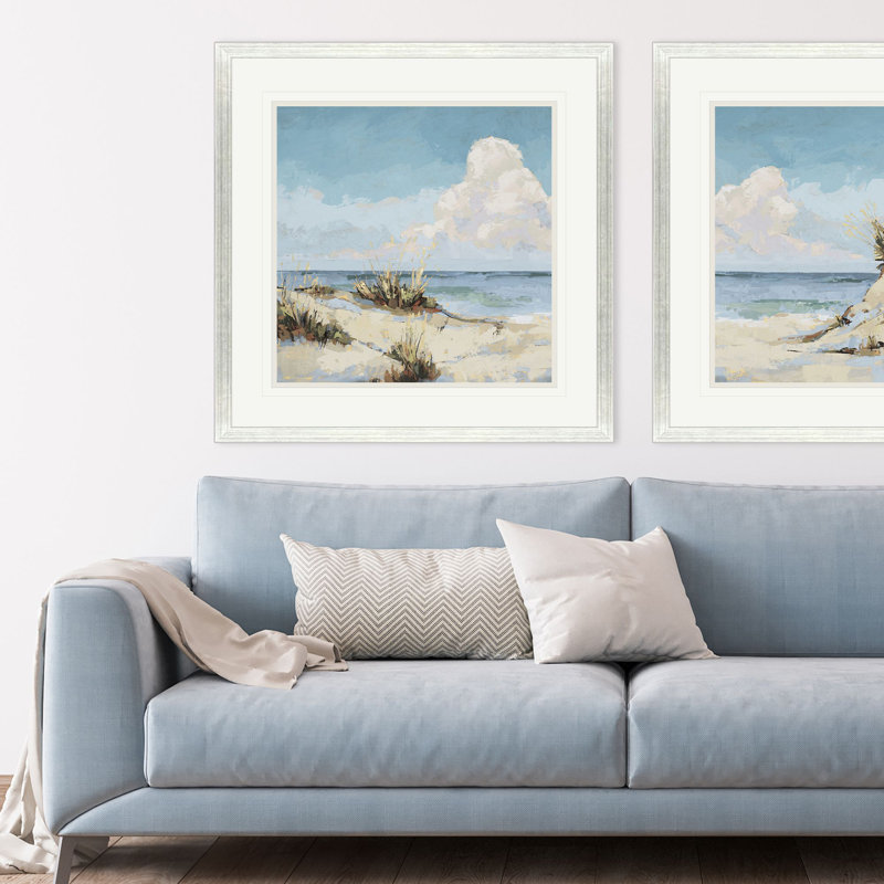 Silver Framed Cloudy Beach Landscape Art with White Mat