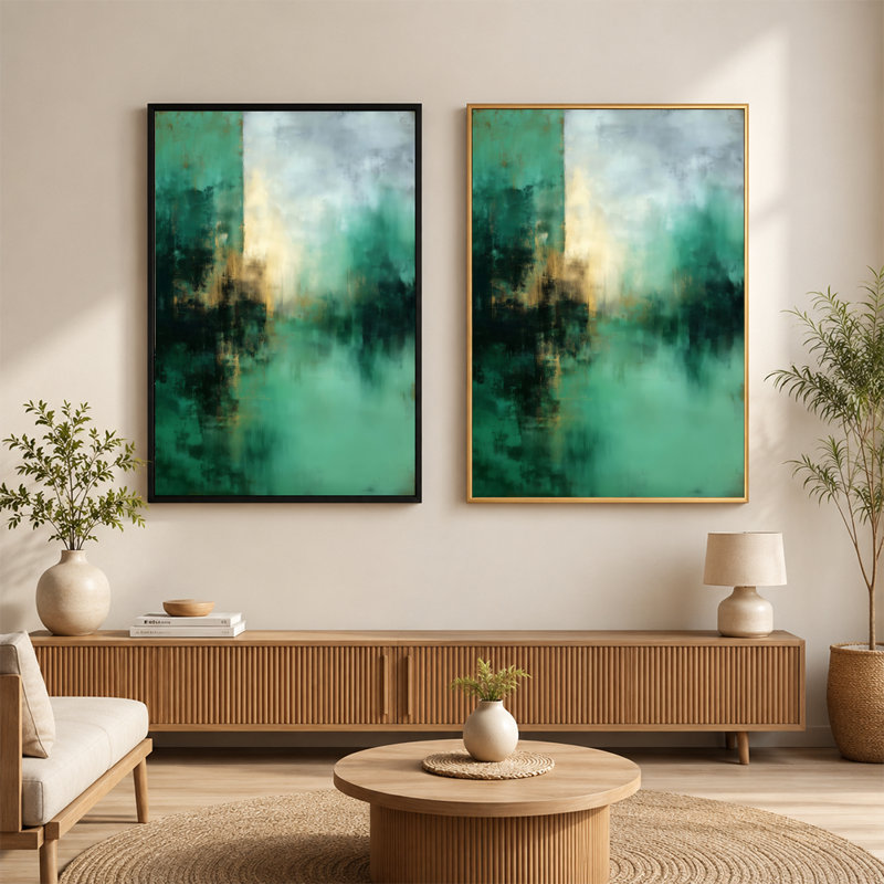 Art mural sur toile abstrait vert sarcelle doré avec cadre flottant, prêt à être accroché, 16 x 24 po, Blanc